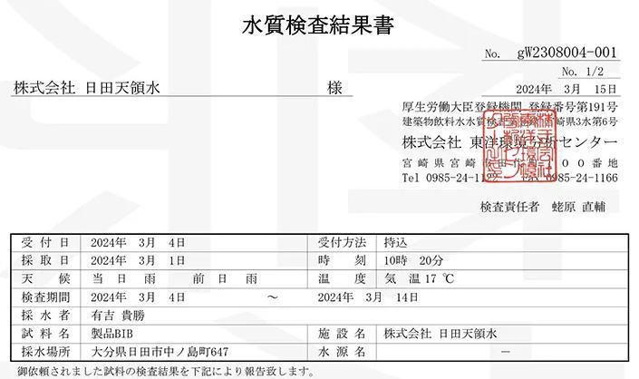 日田天領水水質検査結果書